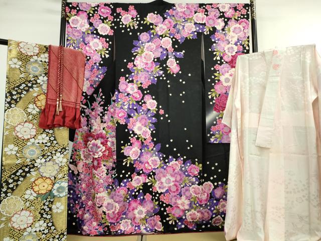 平和屋本店●極上 振袖・長襦袢(無双仕立て・半衿刺繍)・袋帯・帯揚げ・帯締め(LANVIN)セット 刺繍 花蝶文 黒地 銀彩 逸品 DZAC0519kh6