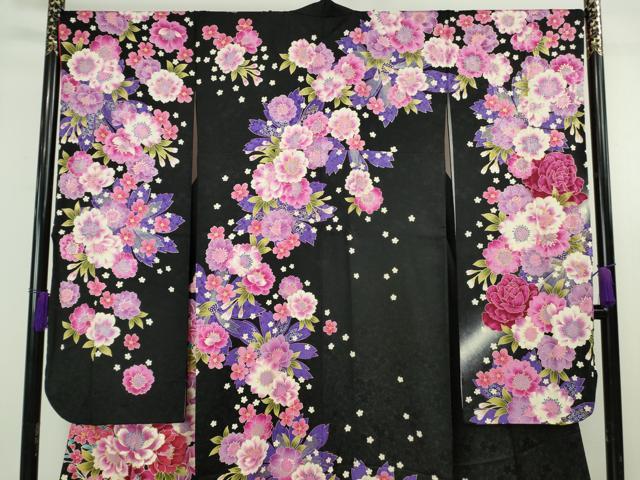 平和屋本店●極上 振袖・長襦袢(無双仕立て・半衿刺繍)・袋帯・帯揚げ・帯締め(LANVIN)セット 刺繍 花蝶文 黒地 銀彩 逸品 DZAC0519kh6