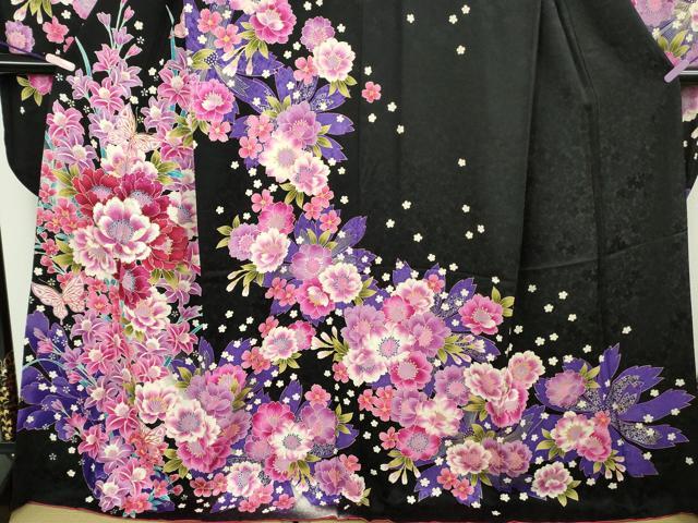 平和屋本店●極上 振袖・長襦袢(無双仕立て・半衿刺繍)・袋帯・帯揚げ・帯締め(LANVIN)セット 刺繍 花蝶文 黒地 銀彩 逸品 DZAC0519kh6