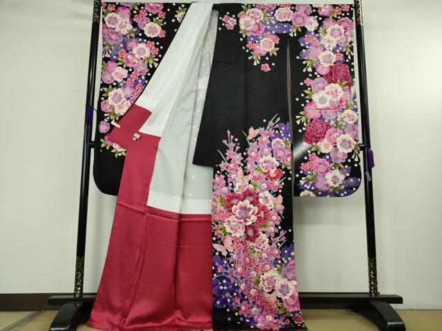 平和屋本店●極上 振袖・長襦袢(無双仕立て・半衿刺繍)・袋帯・帯揚げ・帯締め(LANVIN)セット 刺繍 花蝶文 黒地 銀彩 逸品 DZAC0519kh6