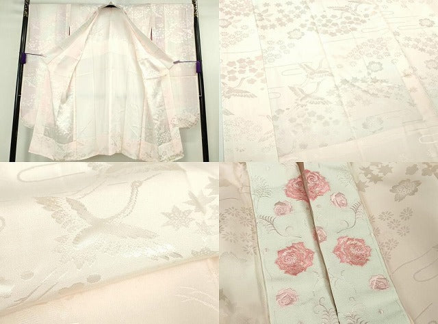 平和屋本店●極上 振袖・長襦袢(無双仕立て・半衿刺繍)・袋帯・帯揚げ・帯締め(LANVIN)セット 刺繍 花蝶文 黒地 銀彩 逸品 DZAC0519kh6