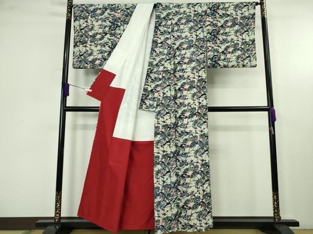 平和屋本店●極上 本場琉球紅型 小紋 紬地 風景花文 逸品 DZAC0522kh6
