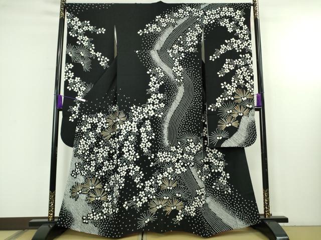 平和屋本店●極上 振袖 絞り 枝垂れ花 松葉 黒地 金彩 鈴乃屋扱い 逸品 DZAC0523kh6