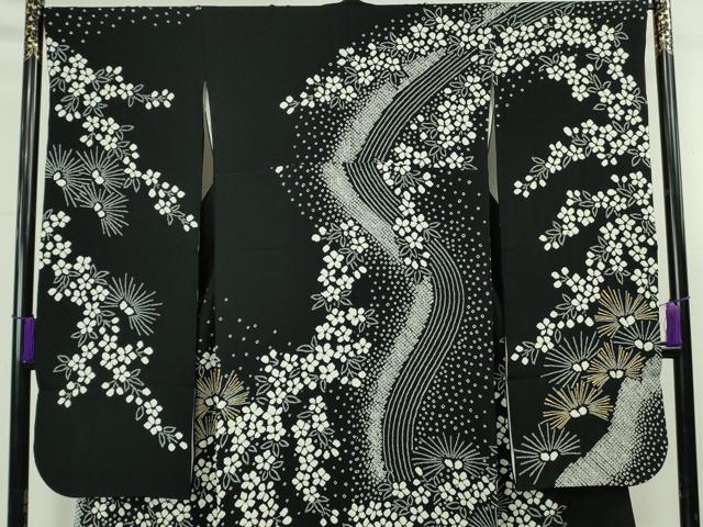平和屋本店●極上 振袖 絞り 枝垂れ花 松葉 黒地 金彩 鈴乃屋扱い 逸品 DZAC0523kh6
