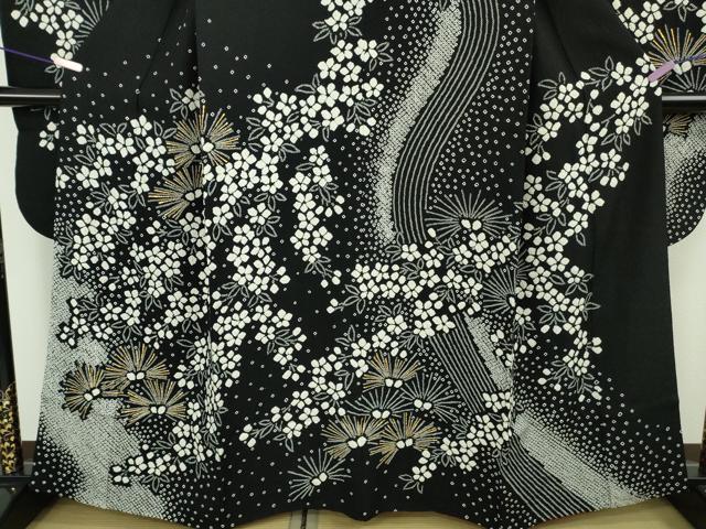 平和屋本店●極上 振袖 絞り 枝垂れ花 松葉 黒地 金彩 鈴乃屋扱い 逸品 DZAC0523kh6