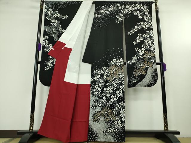 平和屋本店●極上 振袖 絞り 枝垂れ花 松葉 黒地 金彩 鈴乃屋扱い 逸品 DZAC0523kh6