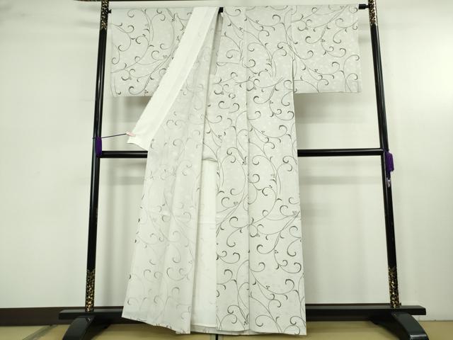 平和屋着物▽極上 小紋 単衣 地紋起こし 花唐草文 灰黄緑色地 逸品 DZAC0532kh6