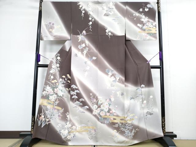 平和屋本店●極上 訪問着 刺繍 吉祥花文 黒橡色地 暈し染め 金彩 逸品 DZAC0546kh6