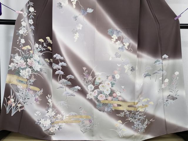 平和屋本店●極上 訪問着 刺繍 吉祥花文 黒橡色地 暈し染め 金彩 逸品 DZAC0546kh6