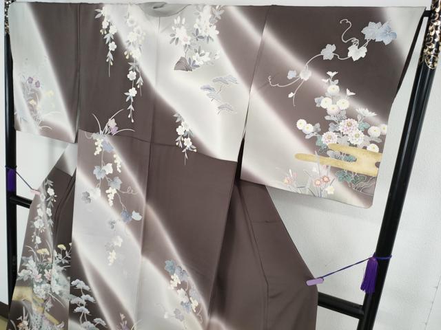 平和屋本店●極上 訪問着 刺繍 吉祥花文 黒橡色地 暈し染め 金彩 逸品 DZAC0546kh6