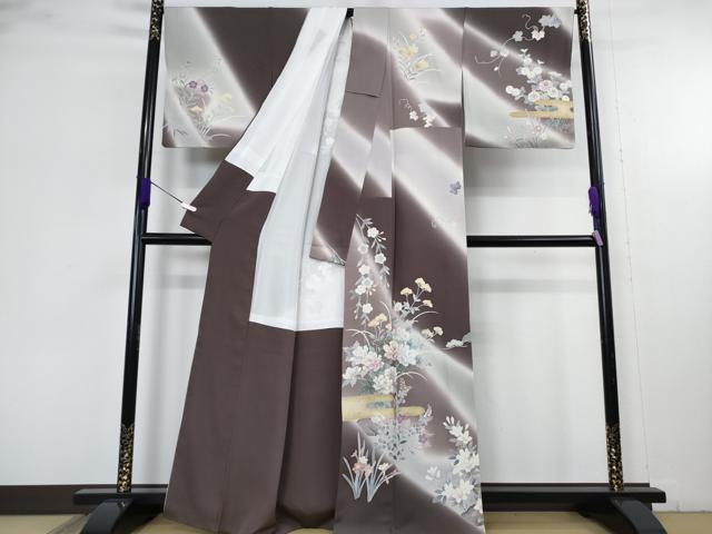 平和屋本店●極上 訪問着 刺繍 吉祥花文 黒橡色地 暈し染め 金彩 逸品 DZAC0546kh6