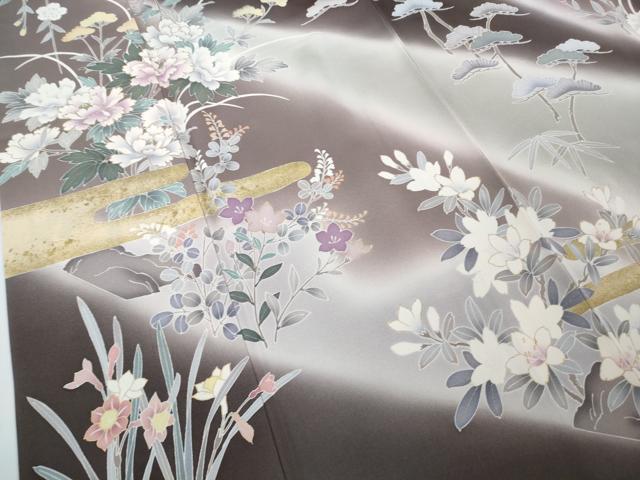 平和屋本店●極上 訪問着 刺繍 吉祥花文 黒橡色地 暈し染め 金彩 逸品 DZAC0546kh6