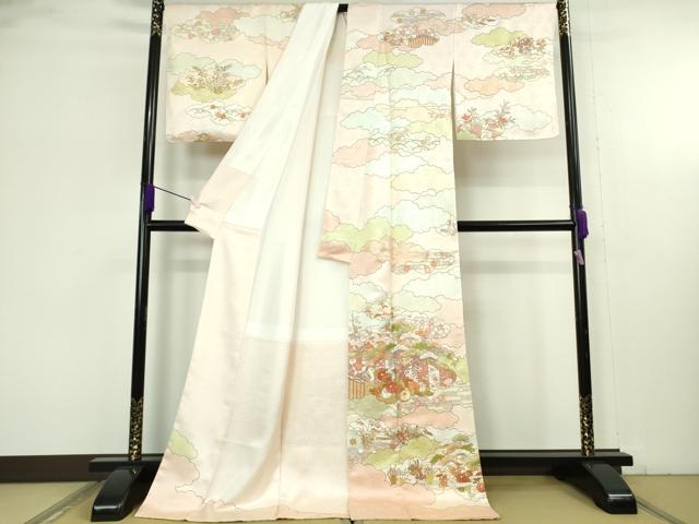 平和屋本店●極上 皇室献上作家 藤井寛 訪問着 駒刺繍 雲取御所車花文 金彩 ロング丈 逸品 未使用 DZAC0555kh6