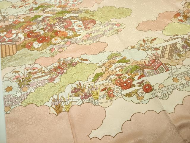 平和屋本店●極上 皇室献上作家 藤井寛 訪問着 駒刺繍 雲取御所車花文 金彩 ロング丈 逸品 未使用 DZAC0555kh6