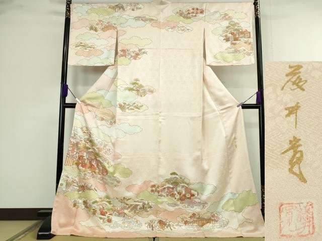 平和屋本店●極上 皇室献上作家 藤井寛 訪問着 駒刺繍 雲取御所車花文 金彩 ロング丈 逸品 未使用 DZAC0555kh6