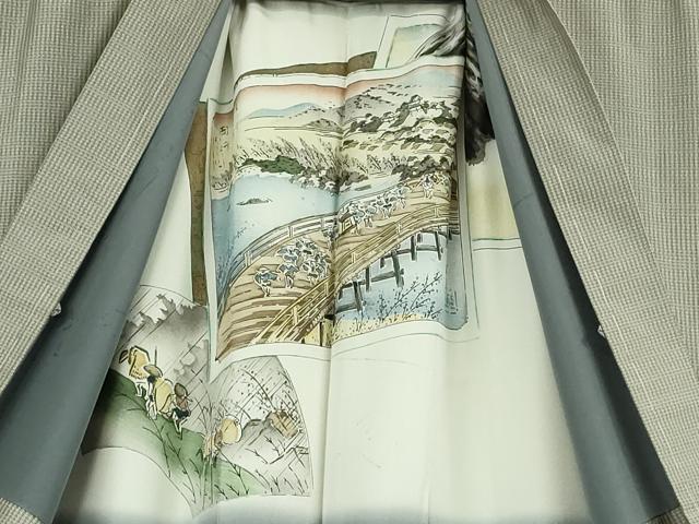 平和屋本店∞極上 男性 本場大島紬 長羽織 キングサイズ 羽裏・東海道五十三次 逸品 未使用 DZAC0582kh6
