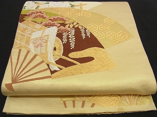 平和屋着物■六通六通太鼓柄袋帯 唐織 扇面御所車文 金銀糸 逸品 n-ea0225