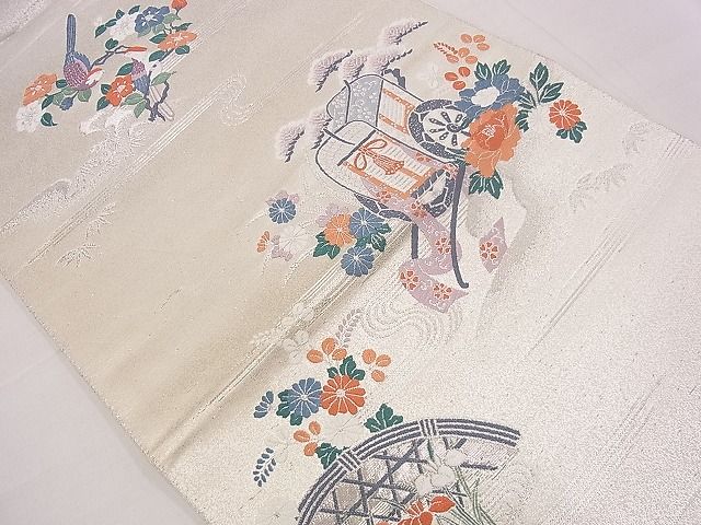 平和屋着物■六通柄袋帯 九百錦 御所車籬花文 プラチナ摺箔二重織 逸品 eg0429