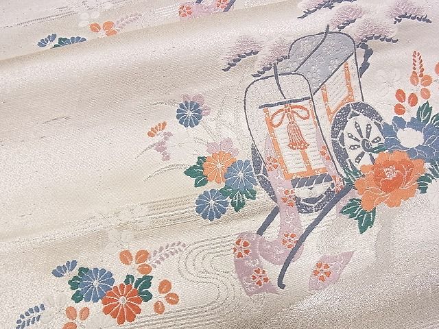 平和屋着物■六通柄袋帯 九百錦 御所車籬花文 プラチナ摺箔二重織 逸品 eg0429