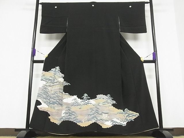 平和屋着物■豪華黒留袖 風景松文 金彩 着丈158cm 裄丈62.5cm 正絹 逸品 B-ey2442