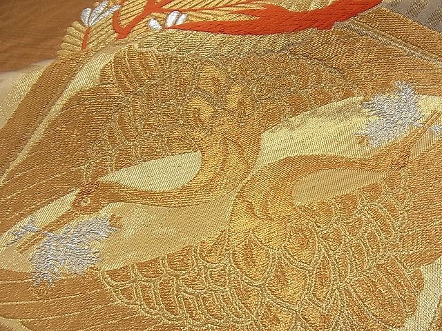 平和屋着物■六通柄袋帯 唐織 向かい鶴松吉祥文 金銀糸 逸品 n-fn0525