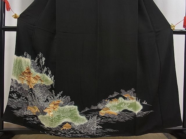 平和屋着物■豪華黒留袖 駒刺繍 風景文 金彩 逸品 n-fw1707