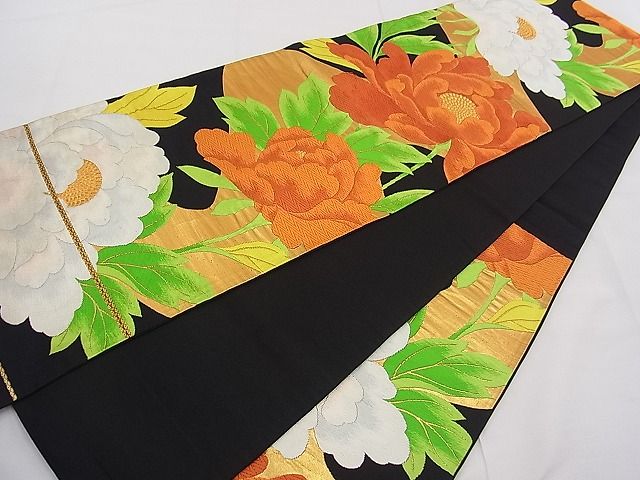 平和屋着物■六通柄袋帯 唐織 牡丹文 黒地 金糸 逸品 n-fw2174