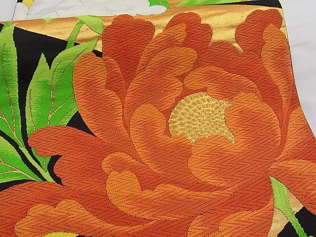 平和屋着物■六通柄袋帯 唐織 牡丹文 黒地 金糸 逸品 n-fw2174
