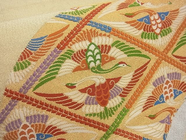 平和屋着物■太鼓柄袋帯 唐織 綴れ 地紙向かい鶴文 逸品 n-gh1748