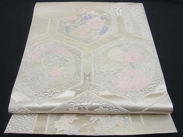 平和屋着物■六通柄袋帯 唐織 雲取り亀甲花文 銀糸 逸品 n-gh1776