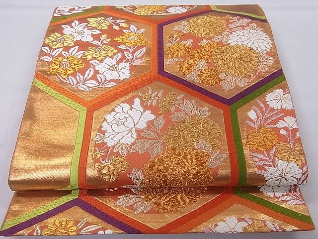 平和屋着物■六通柄袋帯 唐織 亀甲繋ぎ花文 金銀糸 逸品 gh5030