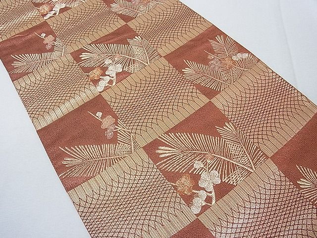 平和屋着物■六通柄袋帯 市松枝梅松葉文 金糸 逸品 hy6408
