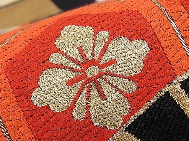平和屋着物■六通柄袋帯 唐織 束ね熨斗扇面亀甲花文 黒地 金銀糸 逸品 hy6580