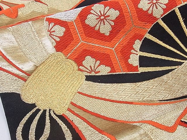 平和屋着物■六通柄袋帯 唐織 束ね熨斗扇面亀甲花文 黒地 金銀糸 逸品 hy6580
