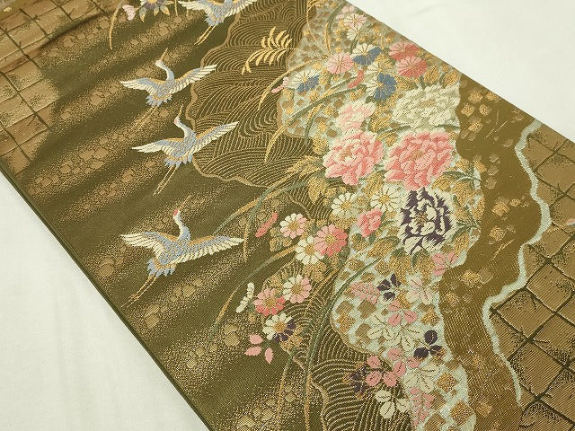 平和屋本店▼六通柄袋帯 唐織 飛鶴花文 本金箔 正絹 逸品 DABE9476sf