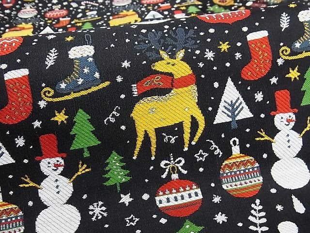 平和屋本店■極上 全通柄九寸名古屋帯 クリスマス トナカイ 雪だるま 黒地 金糸 正絹 逸品 未使用 KAAA10514kk4 - 平和屋
