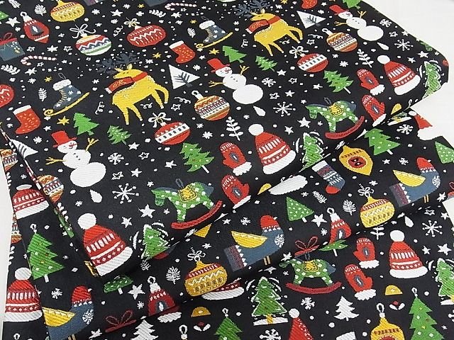 平和屋本店■極上 全通柄九寸名古屋帯 クリスマス トナカイ 雪だるま 黒地 金糸 正絹 逸品 未使用 KAAA10514kk4 - 平和屋