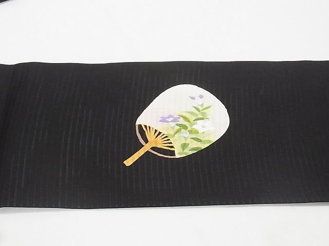 平和屋本店■極上 夏物 絽塩瀬 九寸名古屋帯 手描き 団扇 虫籠 蛍 黒地 三越扱い 正絹 逸品 KAAA10583kk4 - 平和屋