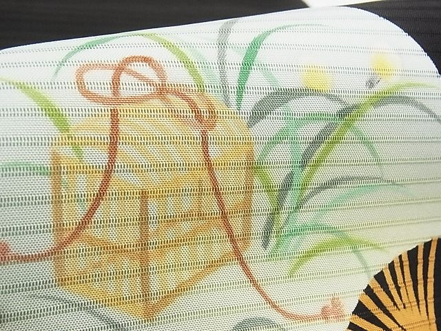 平和屋本店■極上 夏物 絽塩瀬 九寸名古屋帯 手描き 団扇 虫籠 蛍 黒地 三越扱い 正絹 逸品 KAAA10583kk4 - 平和屋