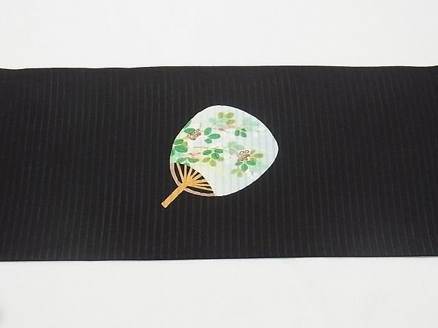 平和屋本店■極上 夏物 絽塩瀬 九寸名古屋帯 手描き 団扇 虫籠 蛍 黒地 三越扱い 正絹 逸品 KAAA10583kk4 - 平和屋