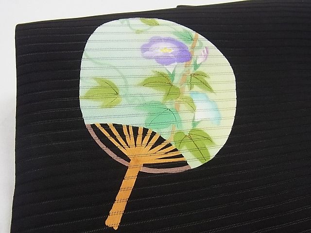平和屋本店■極上 夏物 絽塩瀬 九寸名古屋帯 手描き 団扇 虫籠 蛍 黒地 三越扱い 正絹 逸品 KAAA10583kk4 - 平和屋