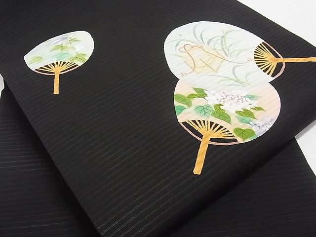 平和屋本店■極上 夏物 絽塩瀬 九寸名古屋帯 手描き 団扇 虫籠 蛍 黒地 三越扱い 正絹 逸品 KAAA10583kk4 - 平和屋