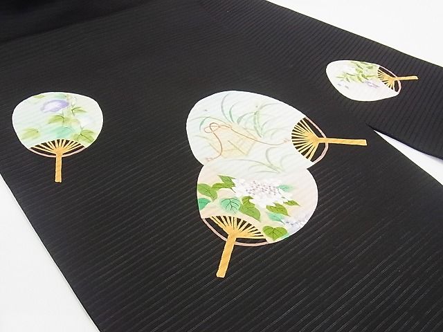 平和屋本店■極上 夏物 絽塩瀬 九寸名古屋帯 手描き 団扇 虫籠 蛍 黒地 三越扱い 正絹 逸品 KAAA10583kk4 - 平和屋