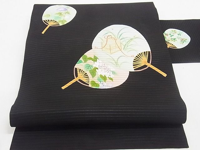平和屋本店■極上 夏物 絽塩瀬 九寸名古屋帯 手描き 団扇 虫籠 蛍 黒地 三越扱い 正絹 逸品 KAAA10583kk4 - 平和屋