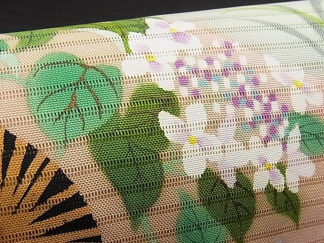 平和屋本店■極上 夏物 絽塩瀬 九寸名古屋帯 手描き 団扇 虫籠 蛍 黒地 三越扱い 正絹 逸品 KAAA10583kk4 - 平和屋