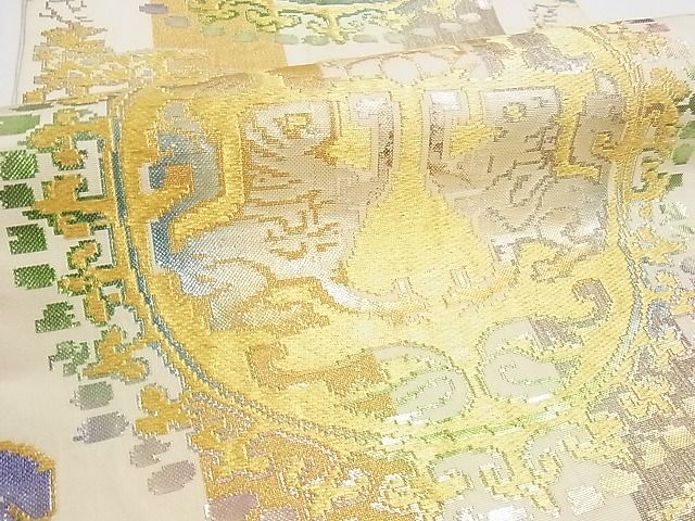 平和屋本店■最高級 龍村平蔵製 六通柄 本袋帯 円文白虎錦 金銀糸 正絹 逸品 KAAA10629kk4 - 平和屋