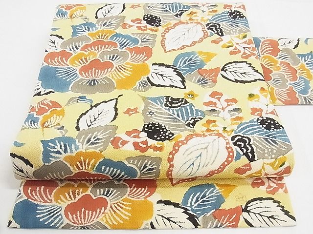 平和屋本店■極上 人間国宝 芹沢圭介 型絵染 九寸名古屋帯 桐牡丹文 鬼しぼ縮緬 落款有り 正絹 逸品 未使用 KAAA10631kk4 - 平和屋