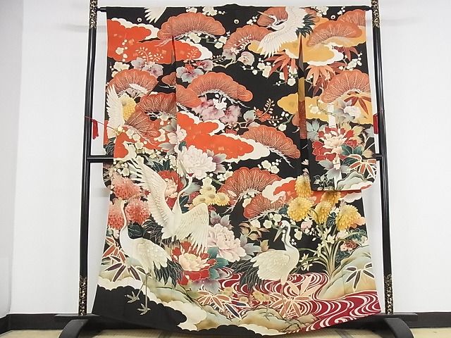 平和屋本店■極上 アンティーク 大正ロマン 振袖 刺繍 松竹梅飛鶴花文 金彩 正絹 逸品 KAAA1299kk4 - 平和屋