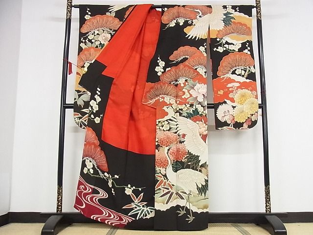 平和屋本店■極上 アンティーク 大正ロマン 振袖 刺繍 松竹梅飛鶴花文 金彩 正絹 逸品 KAAA1299kk4 - 平和屋