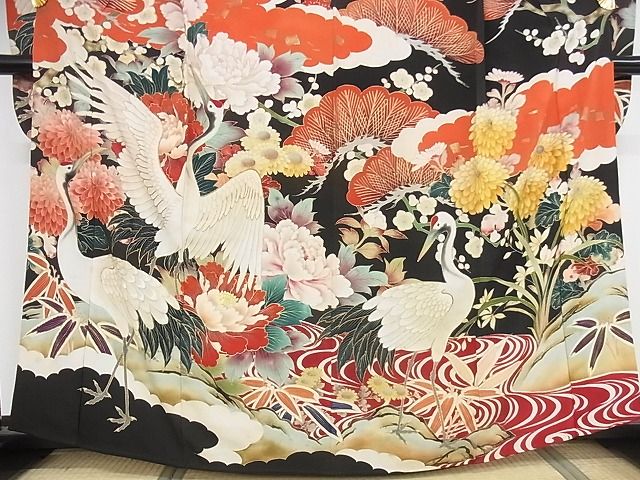 平和屋本店■極上 アンティーク 大正ロマン 振袖 刺繍 松竹梅飛鶴花文 金彩 正絹 逸品 KAAA1299kk4 - 平和屋